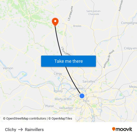 Clichy to Rainvillers map