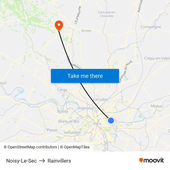 Noisy-Le-Sec to Rainvillers map
