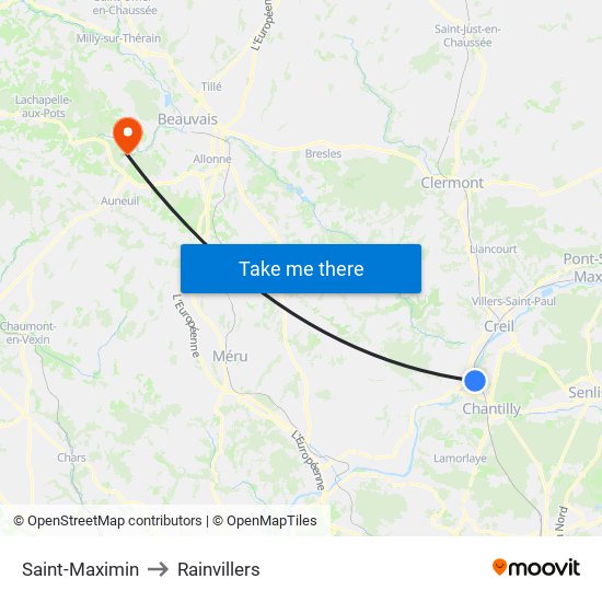 Saint-Maximin to Rainvillers map