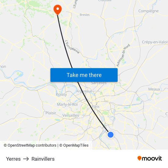 Yerres to Rainvillers map