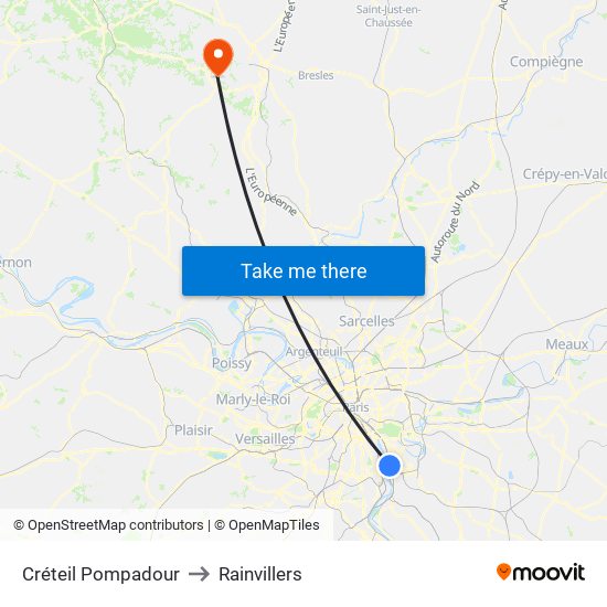 Créteil Pompadour to Rainvillers map