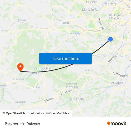 Bievres to Raizeux map