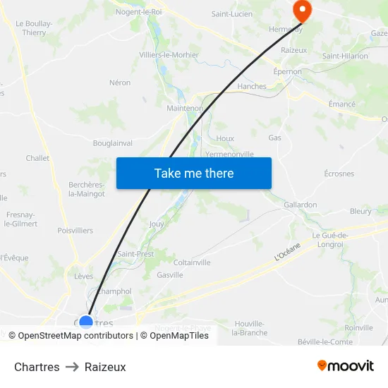 Chartres to Raizeux map