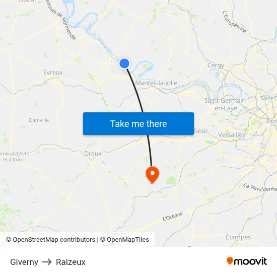 Giverny to Raizeux map