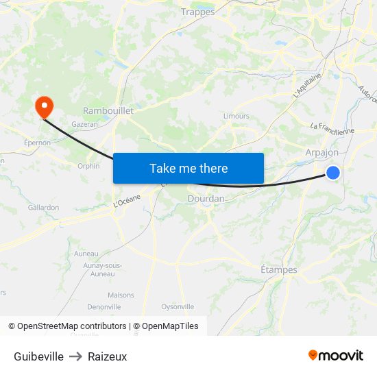Guibeville to Raizeux map