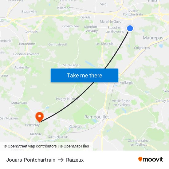 Jouars-Pontchartrain to Raizeux map