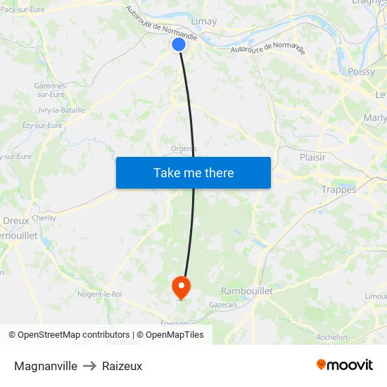 Magnanville to Raizeux map