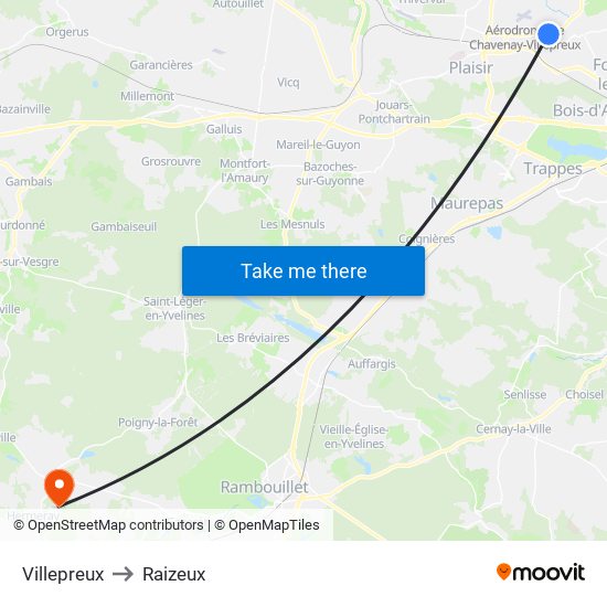 Villepreux to Raizeux map