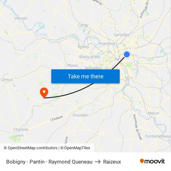 Bobigny - Pantin - Raymond Queneau to Raizeux map