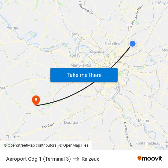 Aéroport Cdg 1 (Terminal 3) to Raizeux map