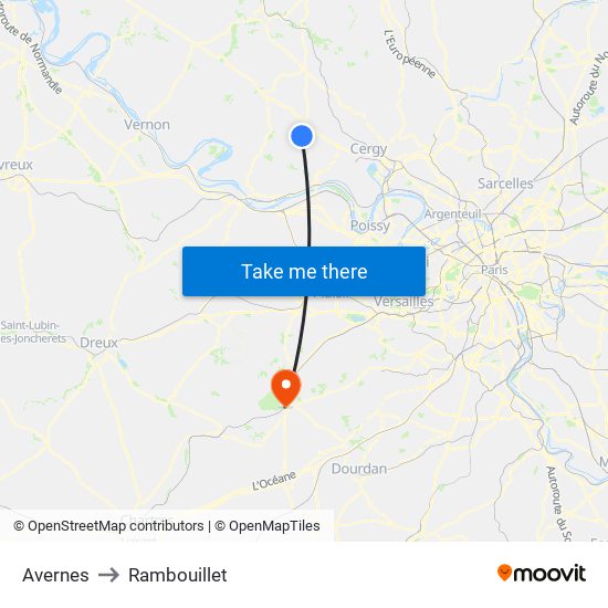 Avernes to Rambouillet map