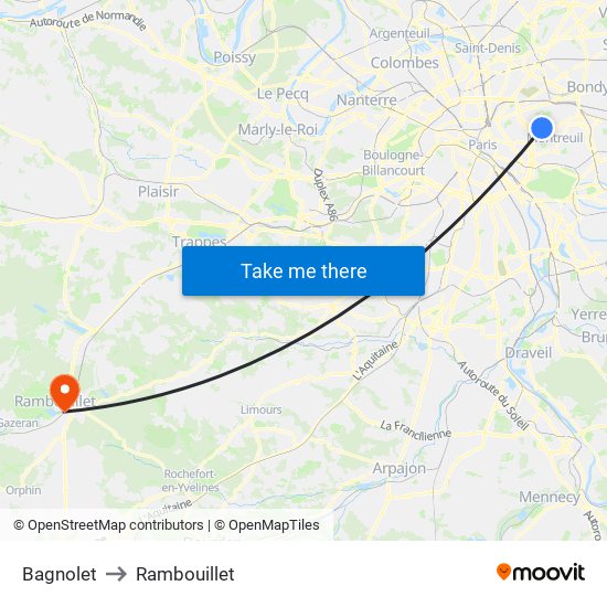 Bagnolet to Rambouillet map