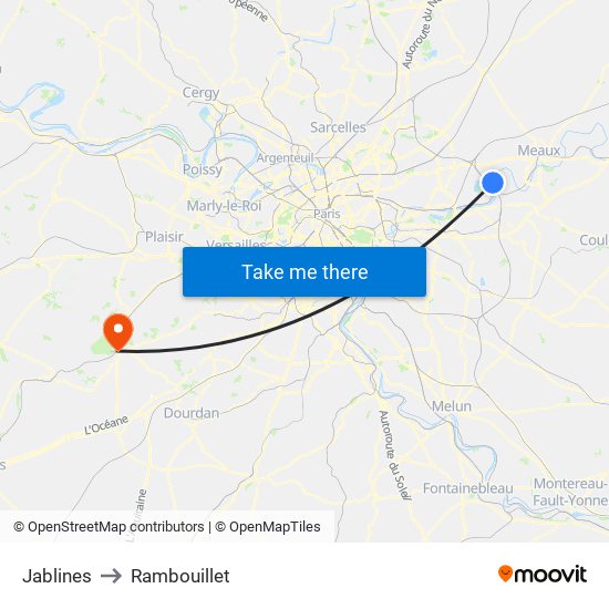 Jablines to Rambouillet map