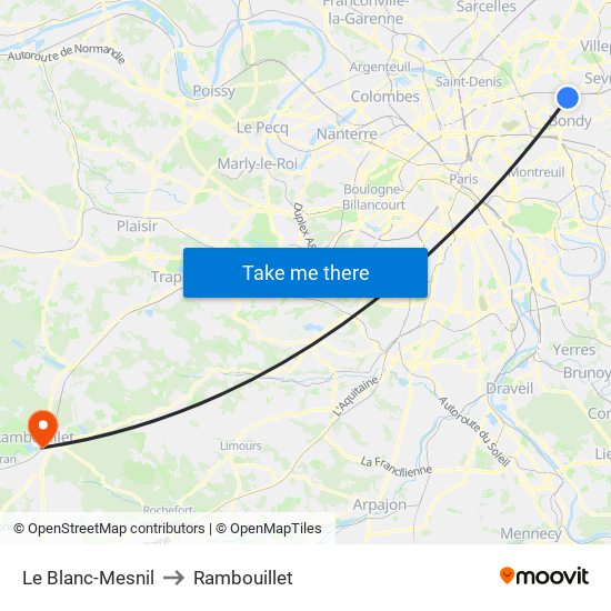 Le Blanc-Mesnil to Rambouillet map