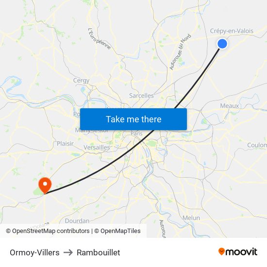 Ormoy-Villers to Rambouillet map