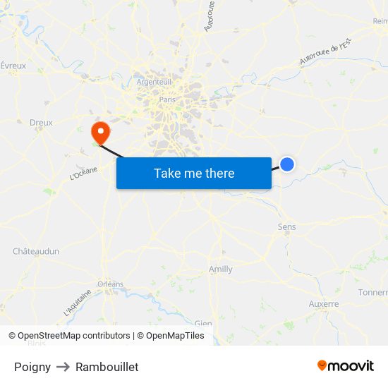 Poigny to Rambouillet map