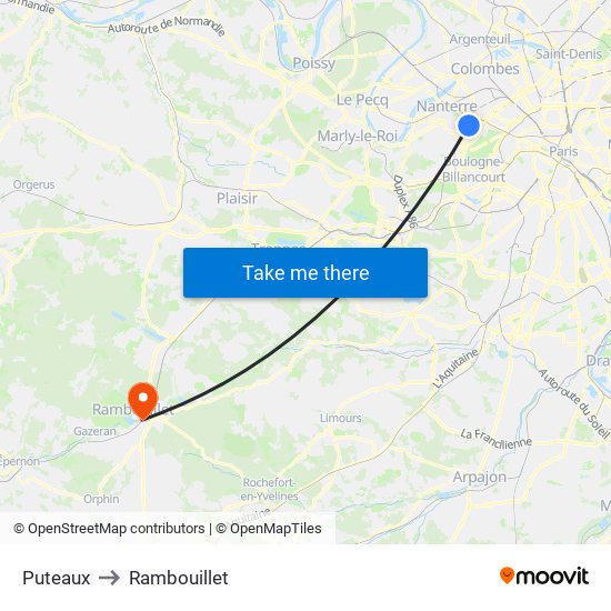 Puteaux to Rambouillet map