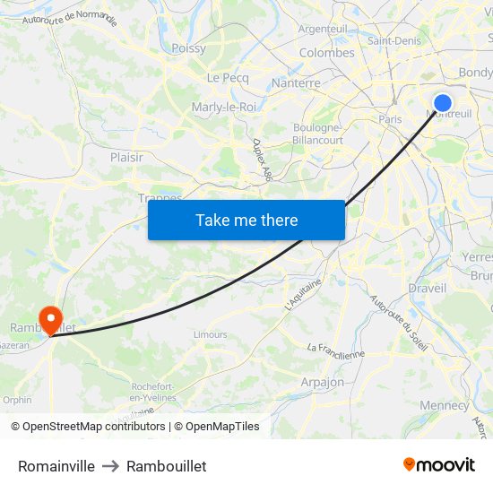 Romainville to Rambouillet map