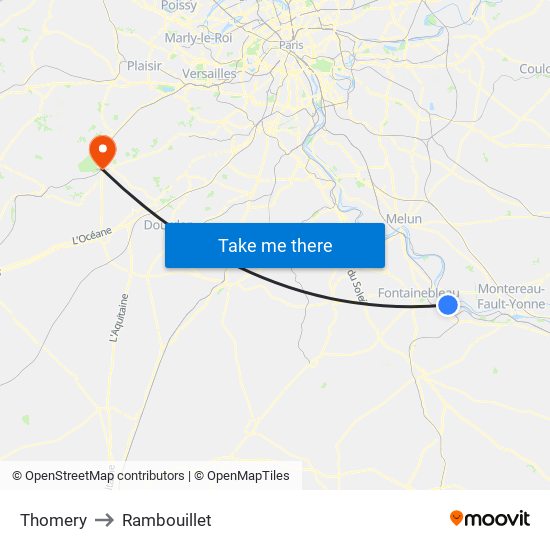 Thomery to Rambouillet map