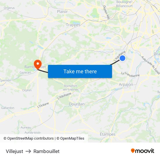 Villejust to Rambouillet map