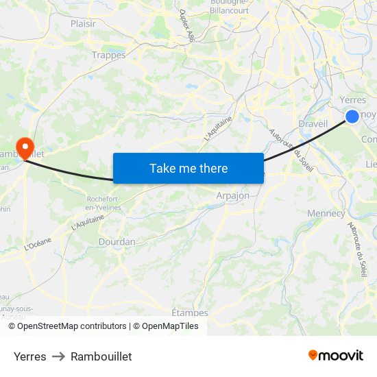 Yerres to Rambouillet map