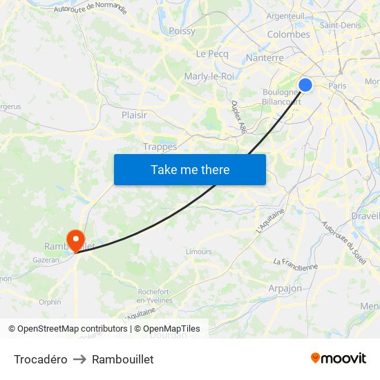 Trocadéro to Rambouillet map