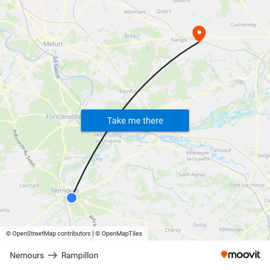 Nemours to Rampillon map