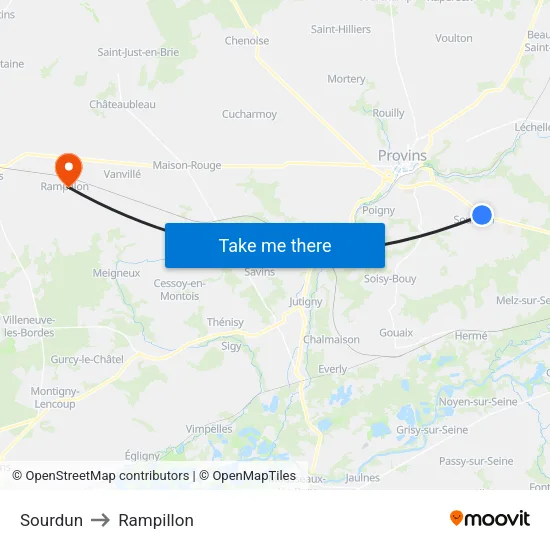 Sourdun to Rampillon map