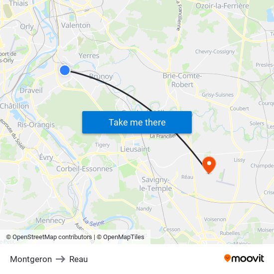 Montgeron to Reau map