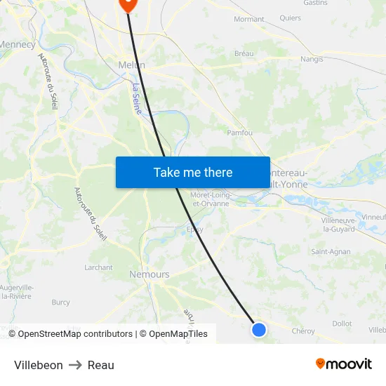 Villebeon to Reau map