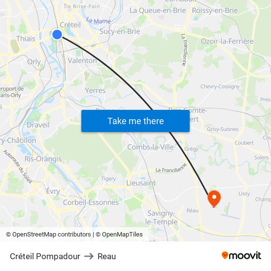 Créteil Pompadour to Reau map