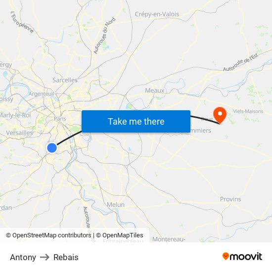 Antony to Rebais map