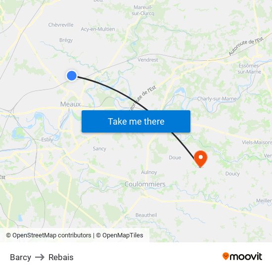Barcy to Rebais map