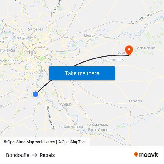 Bondoufle to Rebais map
