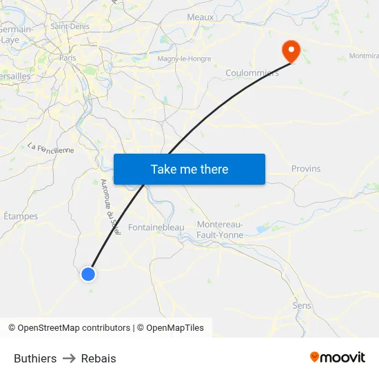 Buthiers to Rebais map