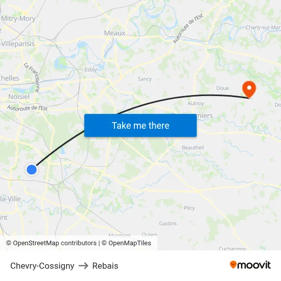 Chevry-Cossigny to Rebais map