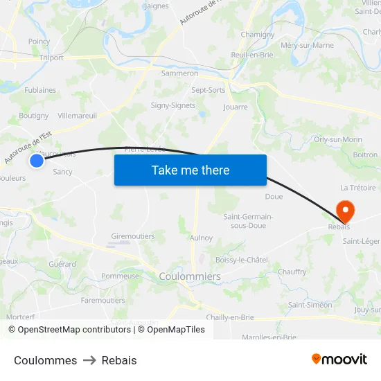 Coulommes to Rebais map
