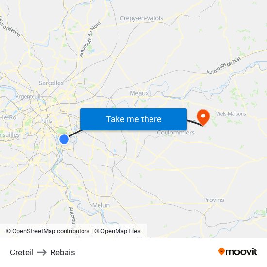 Creteil to Rebais map