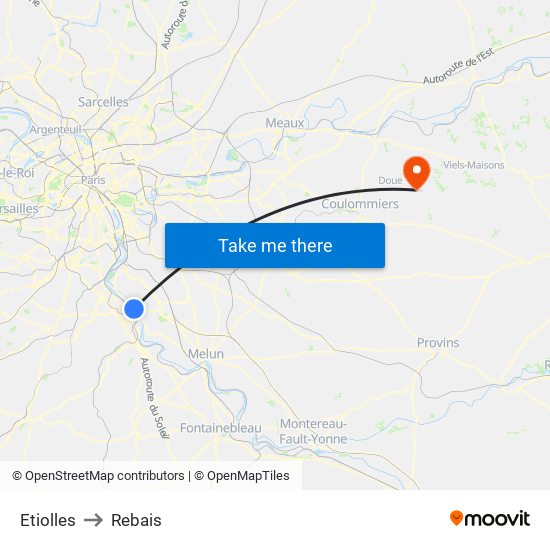 Etiolles to Rebais map