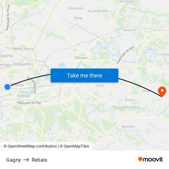 Gagny to Rebais map