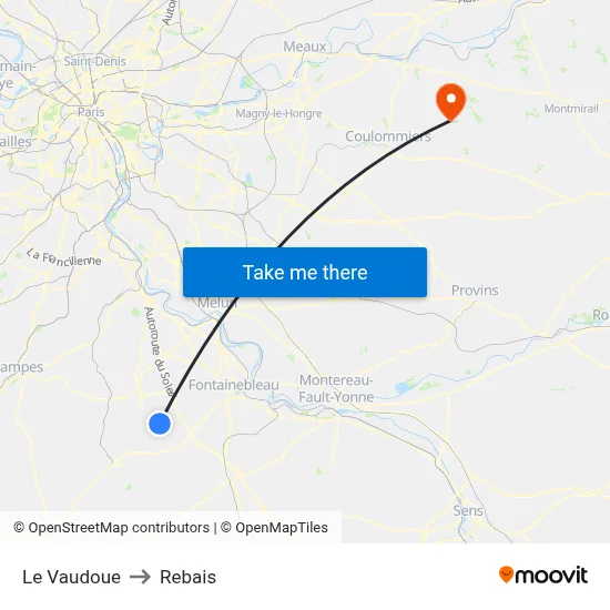 Le Vaudoue to Rebais map
