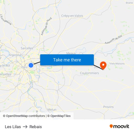 Les Lilas to Rebais map