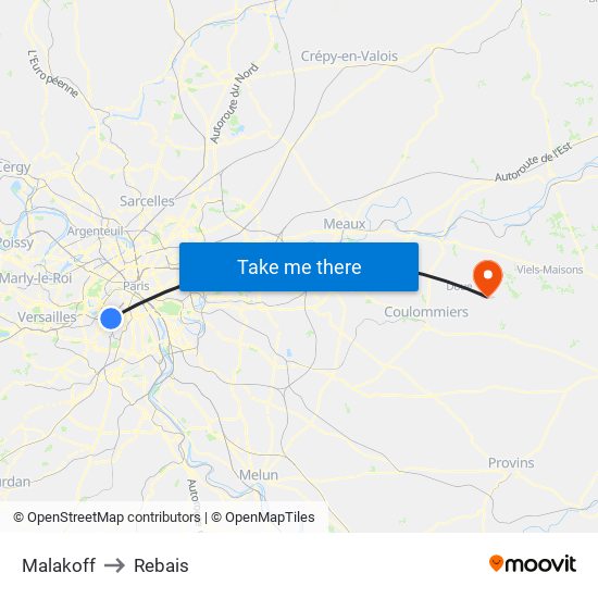 Malakoff to Rebais map