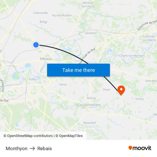 Monthyon to Rebais map