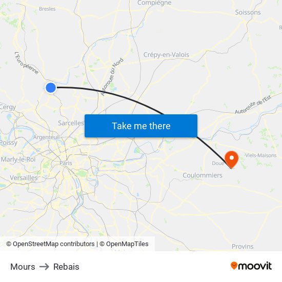 Mours to Rebais map