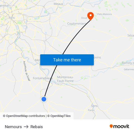 Nemours to Rebais map
