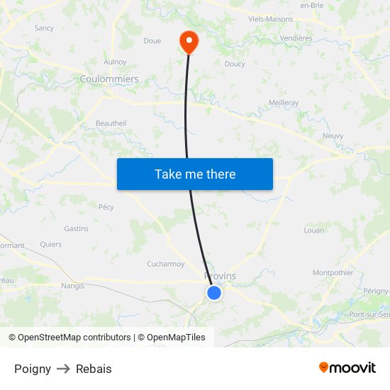 Poigny to Rebais map