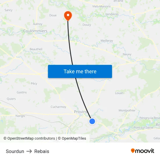 Sourdun to Rebais map