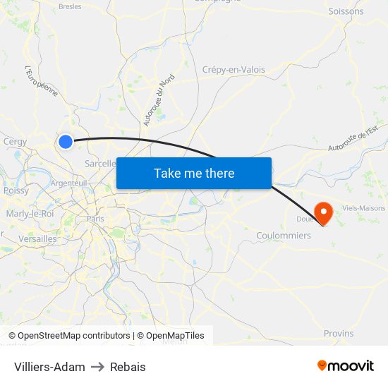 Villiers-Adam to Rebais map