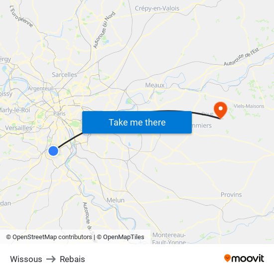 Wissous to Rebais map